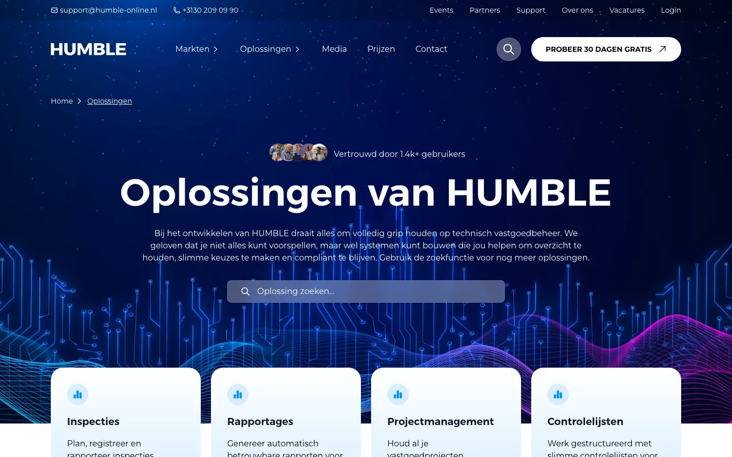 Oplossingenpagina van de HUMBLE-website met zoekfunctie en overzicht van oplossingen