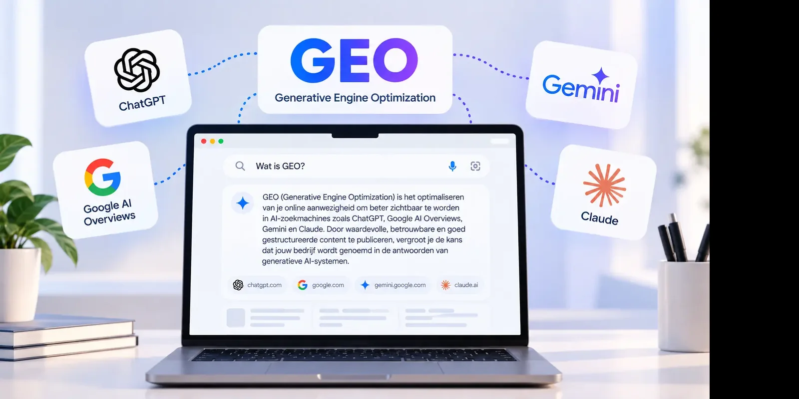 Laptop met de vraag "Wat is GEO?" en de AI-tools ChatGPT, Google AI Overviews, Gemini en Claude eromheen