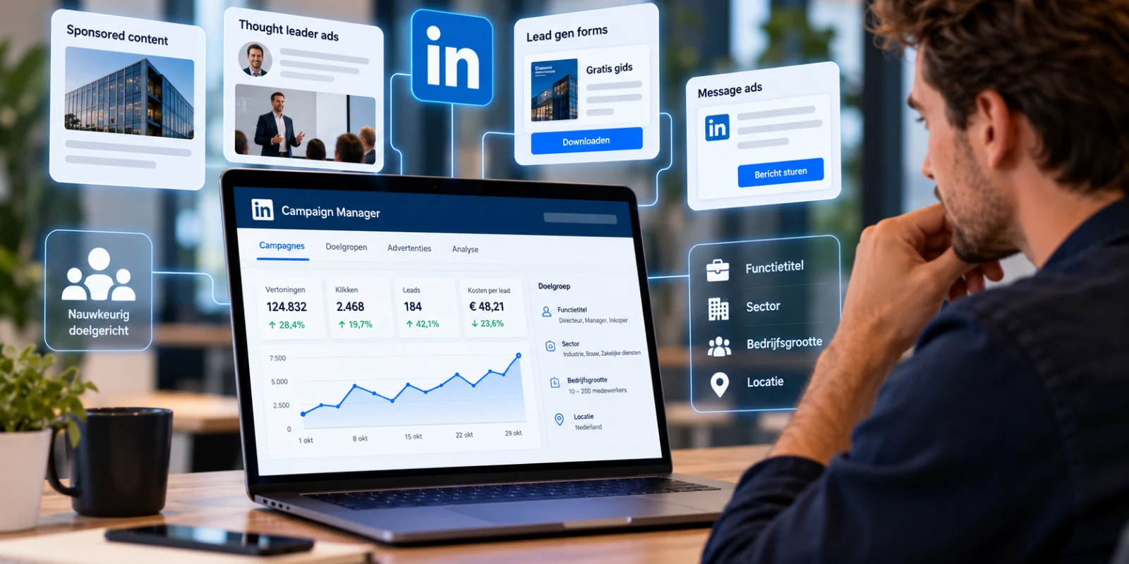 LinkedIn adverteren: een gesponsorde advertentie in de LinkedIn-tijdlijn met doelgroepinstellingen op functie, sector en bedrijfsgrootte
