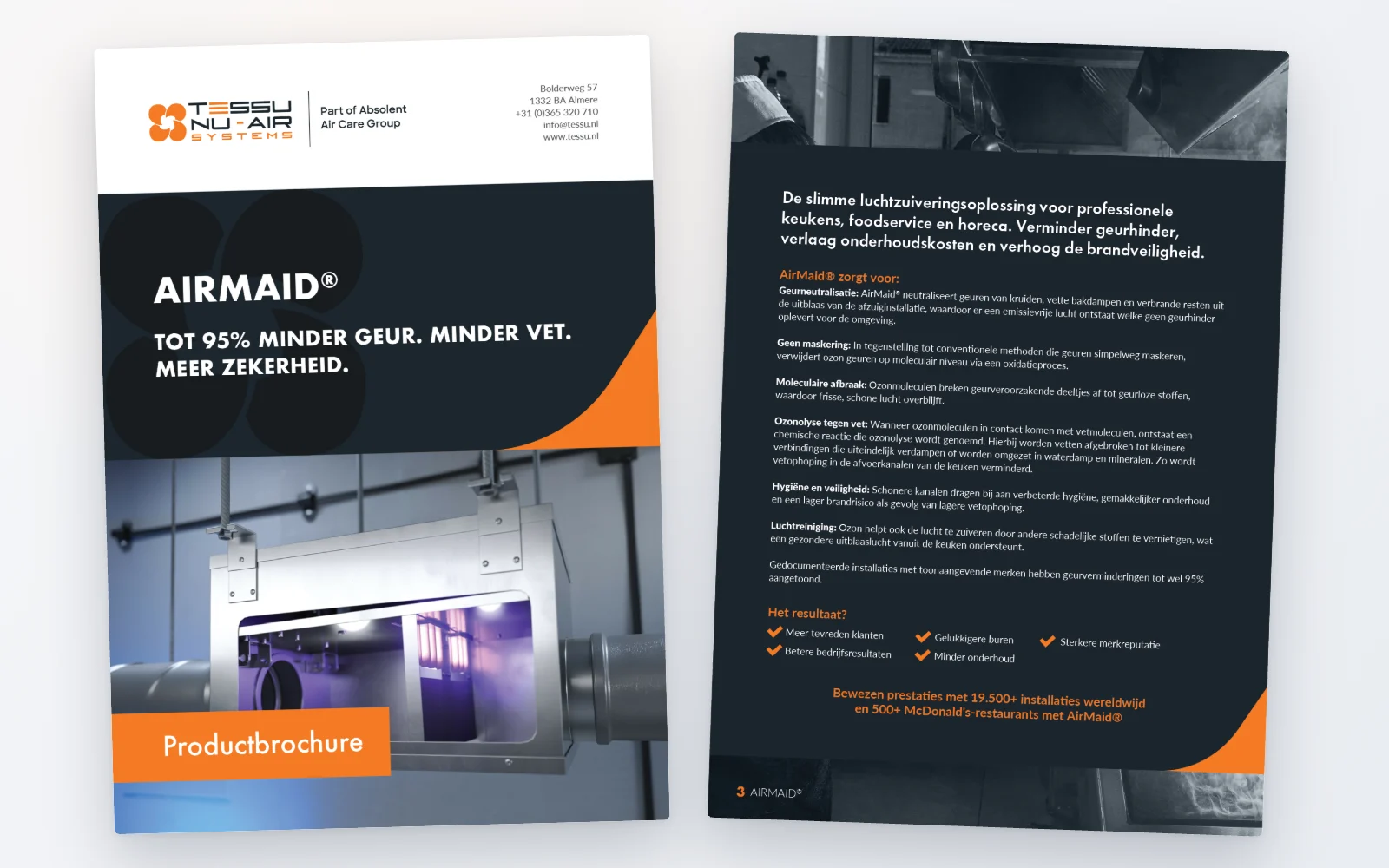 Cover en introductiepagina van de AirMaid brochure van Tessu Nu-Air Systems