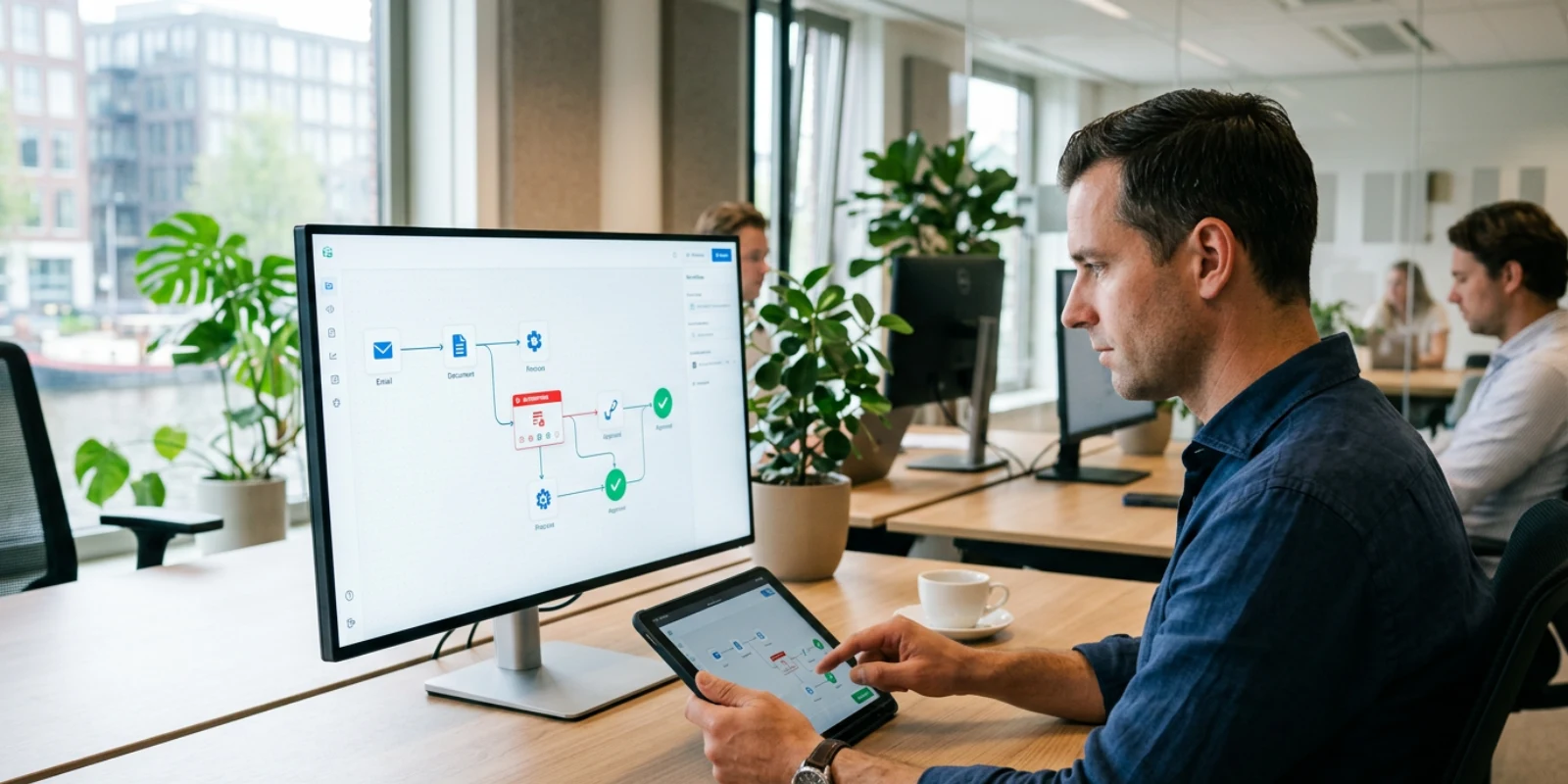 AI automatisering: medewerker beoordeelt een automatiseringsworkflow met een menselijke check op een scherm